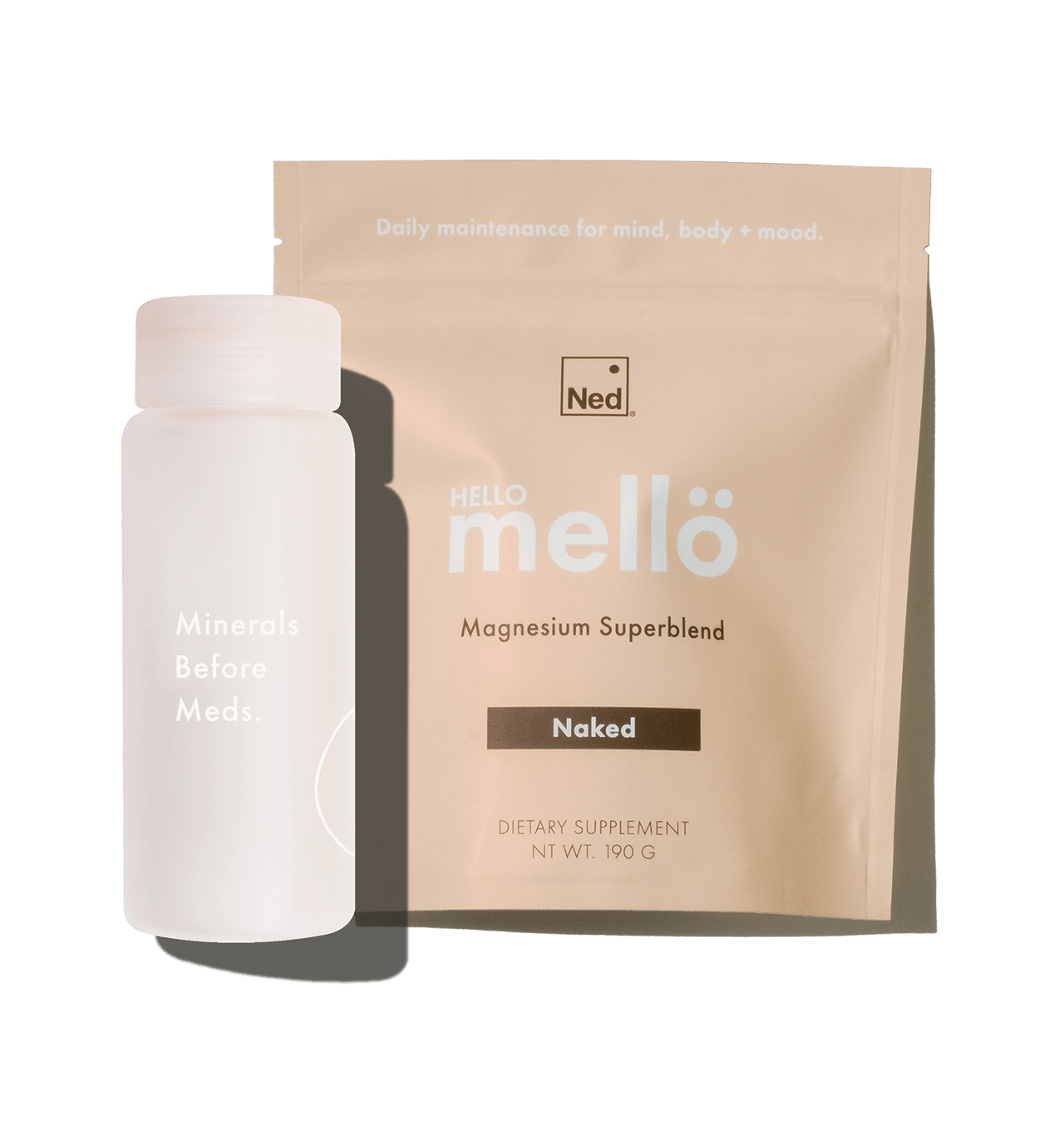 Mello Magnesium Powder Blend Pouch Naked and Minerals Before Beds Water Bottle