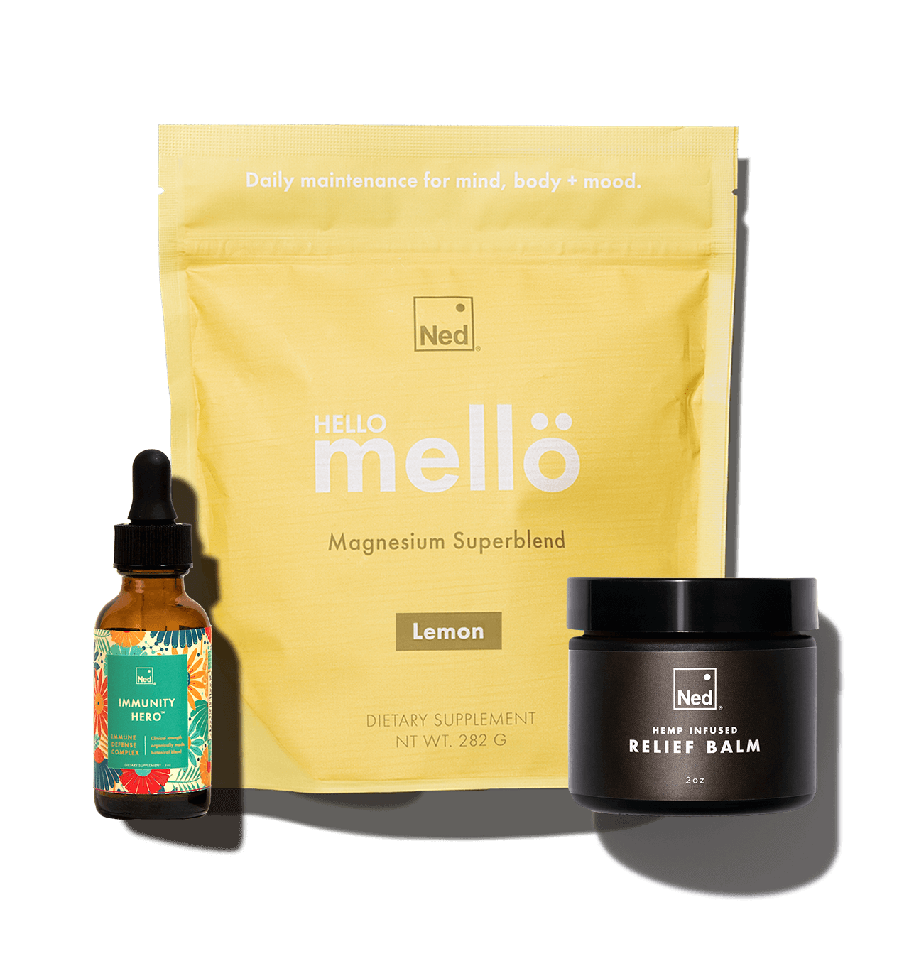 Ned Bundle with Immunity Hero, Lemon Mello Pouch, and Relief Balm
